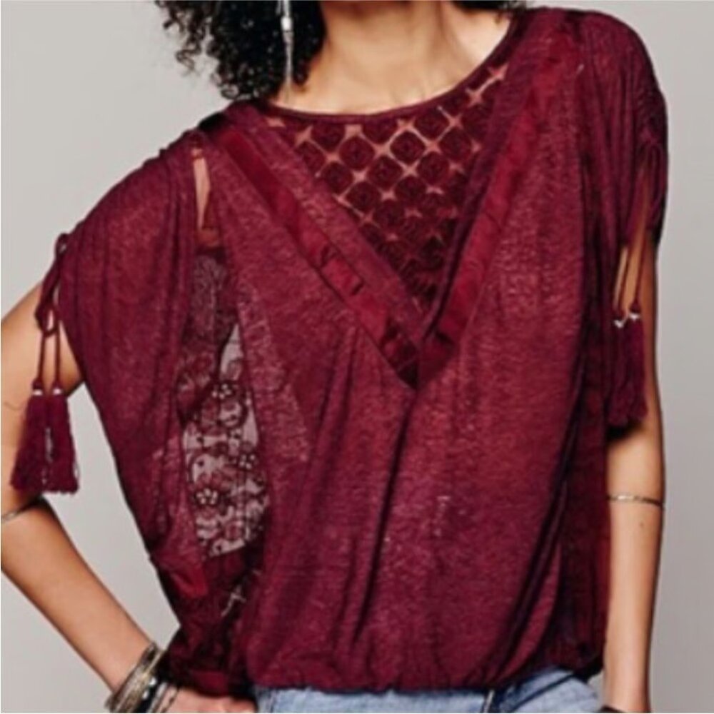 Free People New Romantics Embroidered LaceShort Sleeve Top XS Red Burgundy